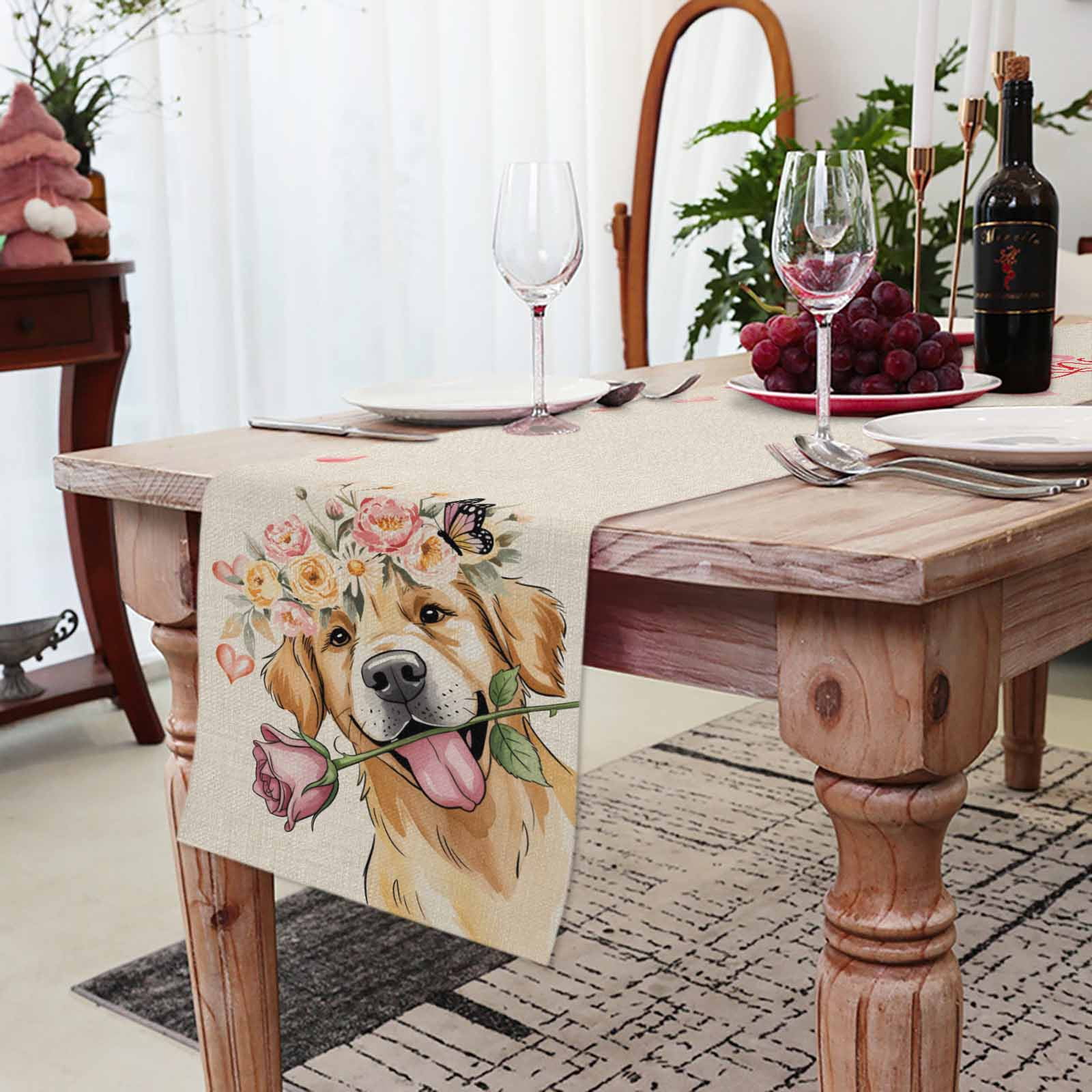 Valentine's Day Dog Table Runner, Rose Golden Retriever Red Love Heart Linen Texture Washable Cotton-linen Table Runners Dining Kitchen Decoration for Everyday Home Wedding Party Decor, 13 x 90 Inch