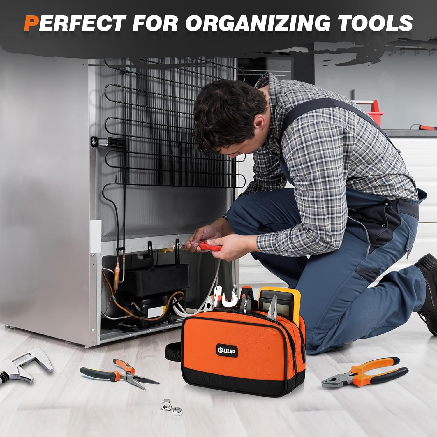 General 10 Inch Small Tool Bag, Zipper Tool Pouch Two Compartments Heavy Duty, Utility ToolBag with Carrying Handle, Tools Storage Organizer for Electrician Mechanic, Gift for Men Dad,Orange