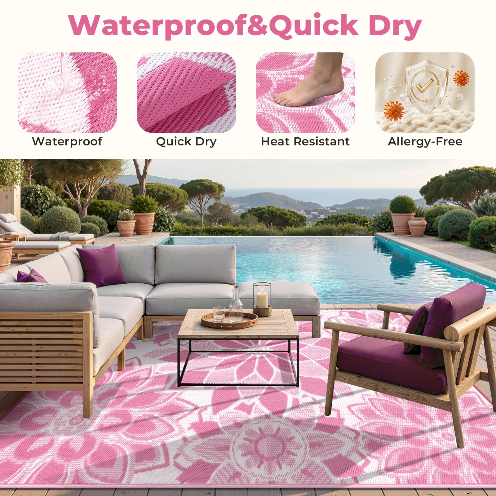 Findosom Outdoor Rug 6'x9' Reversible Waterproof Outdoor Patio Rug Mat Plastic Straw Rug Outdoor Area Rug Patio Camping Rug for RV Picnic Balcony Backyard Beach Outdoor Decor,Pink