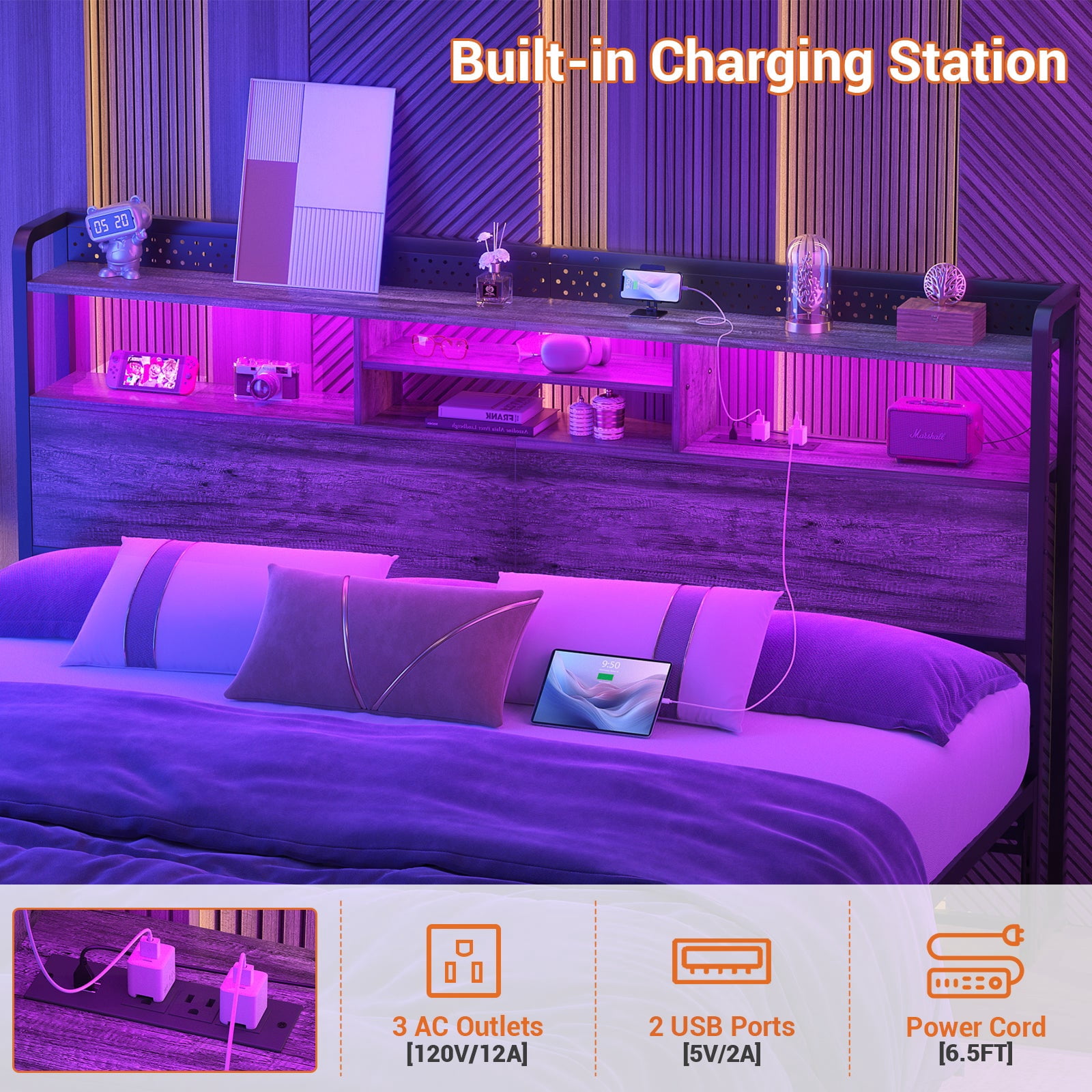 iSunirm King Headboard Only, Headboard for King Size Bed with Outlets and Storage, Bookcase Headboard with LED Lights, Height Adjustable, Sturdy and Easy Assembly, BLack Oak