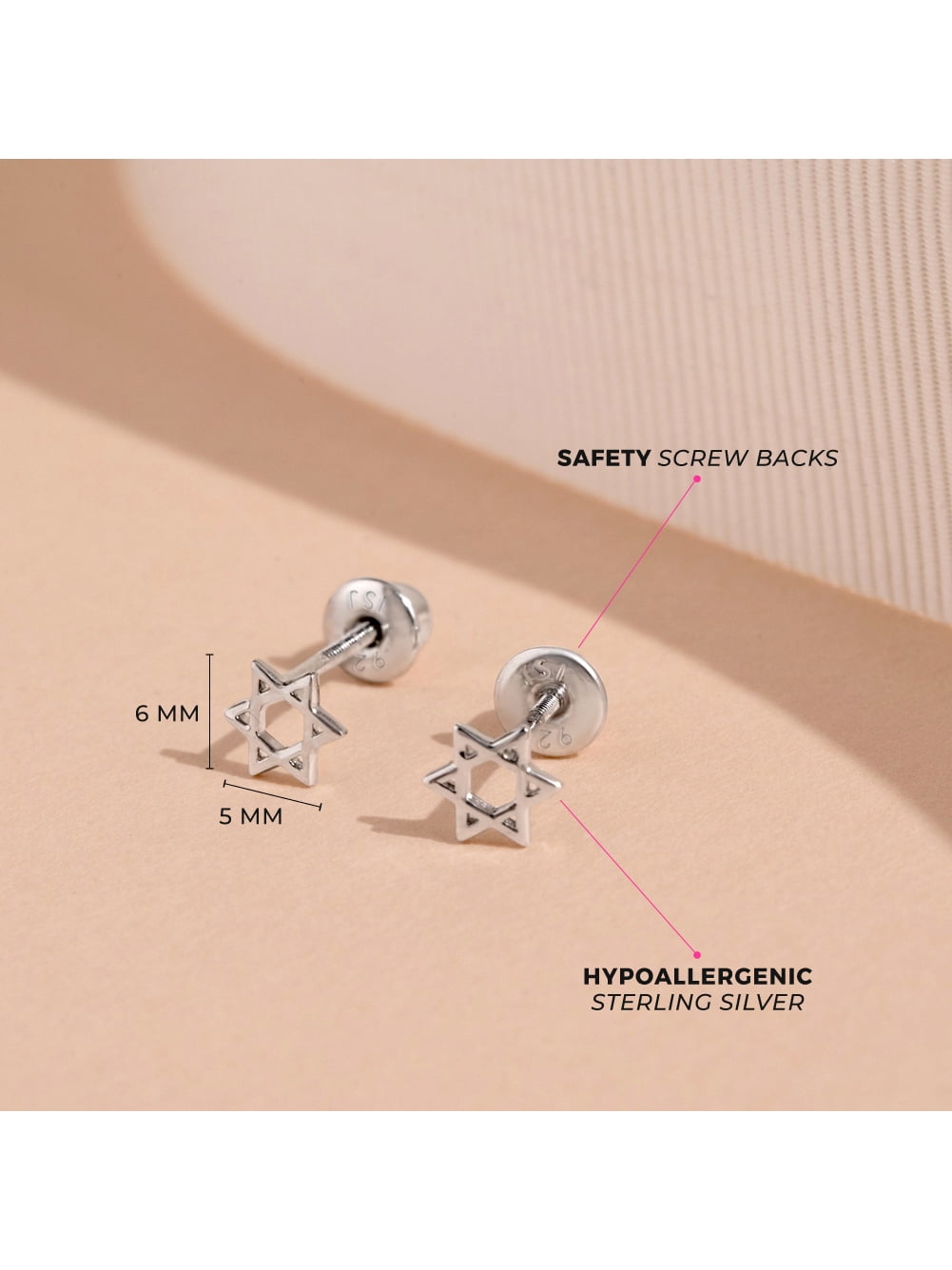 Star of David Kids / Children's / Girls Earrings Screw Back - Sterling Silver