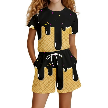 Gaexia Girl Summer Short Set Round Neck Print Sleeveless Top Clothes Casual Sport T-Shirt and Shorts Set 2 Piece Clothes Set Toddler Girls