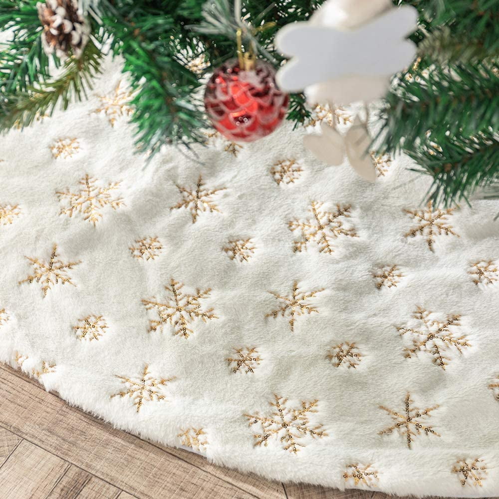 Plush Christmas Tree Skirt, 122cm Gold Snowflakes Christmas Tree Skirt
