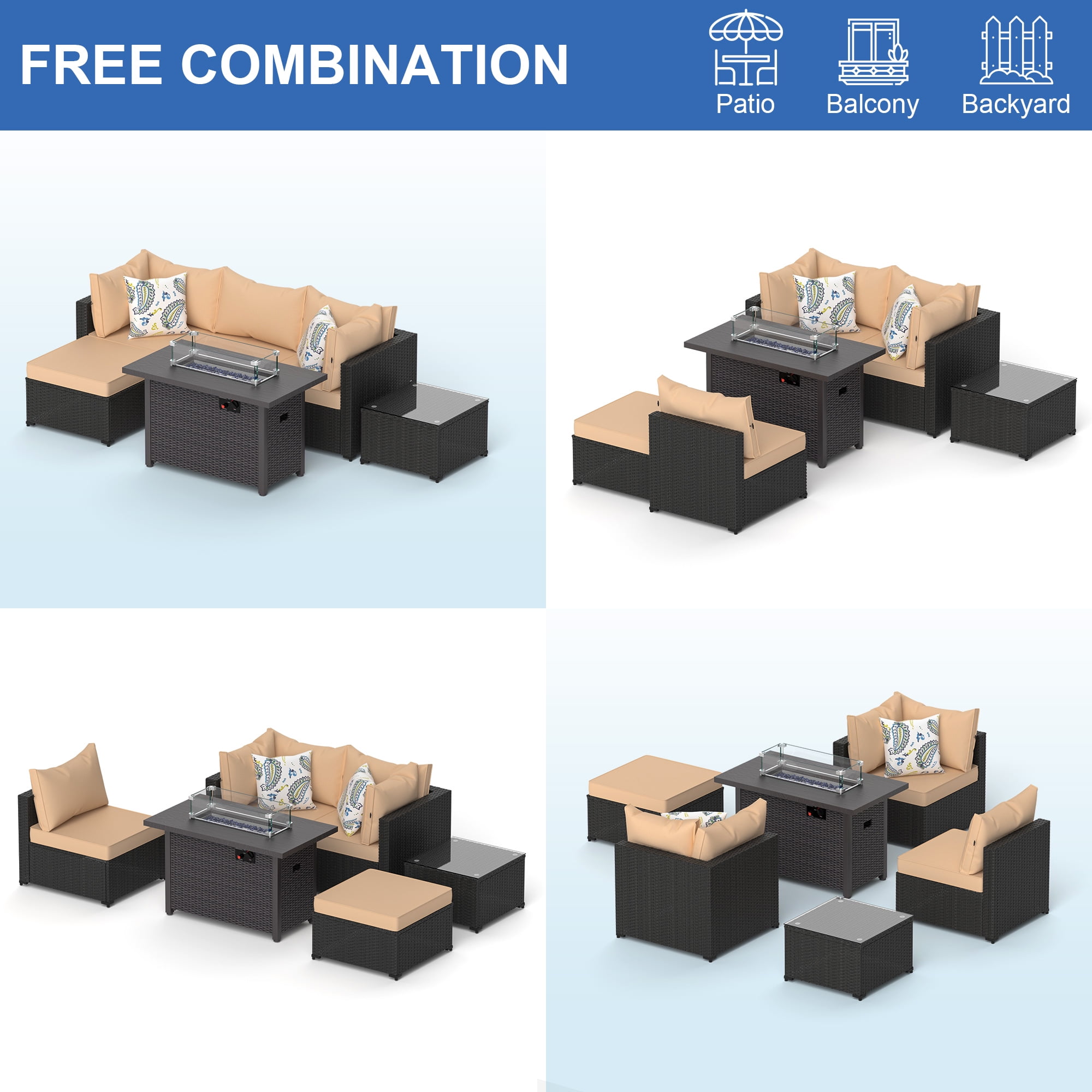 6 PCS Patio Furniture Sets w/ 42" Fire Pit Table Outdoor Conversation Sectional Sofa w/ 50000 BTU Propane Fire Pit Weaving Wicker Rattan Patio Conversation Set With Ottoman, Cushion And Coffee Table