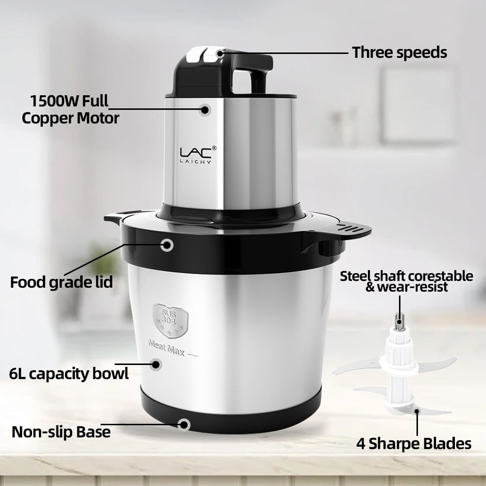 LAC LAICHY 3-Speeds 24 Cup Large Electric Meat Grinder,Electric Chopper,Food Processor with 4- Stainless Steel Blades,1500W High power Copper Motor For Meat,Baby Food,Black