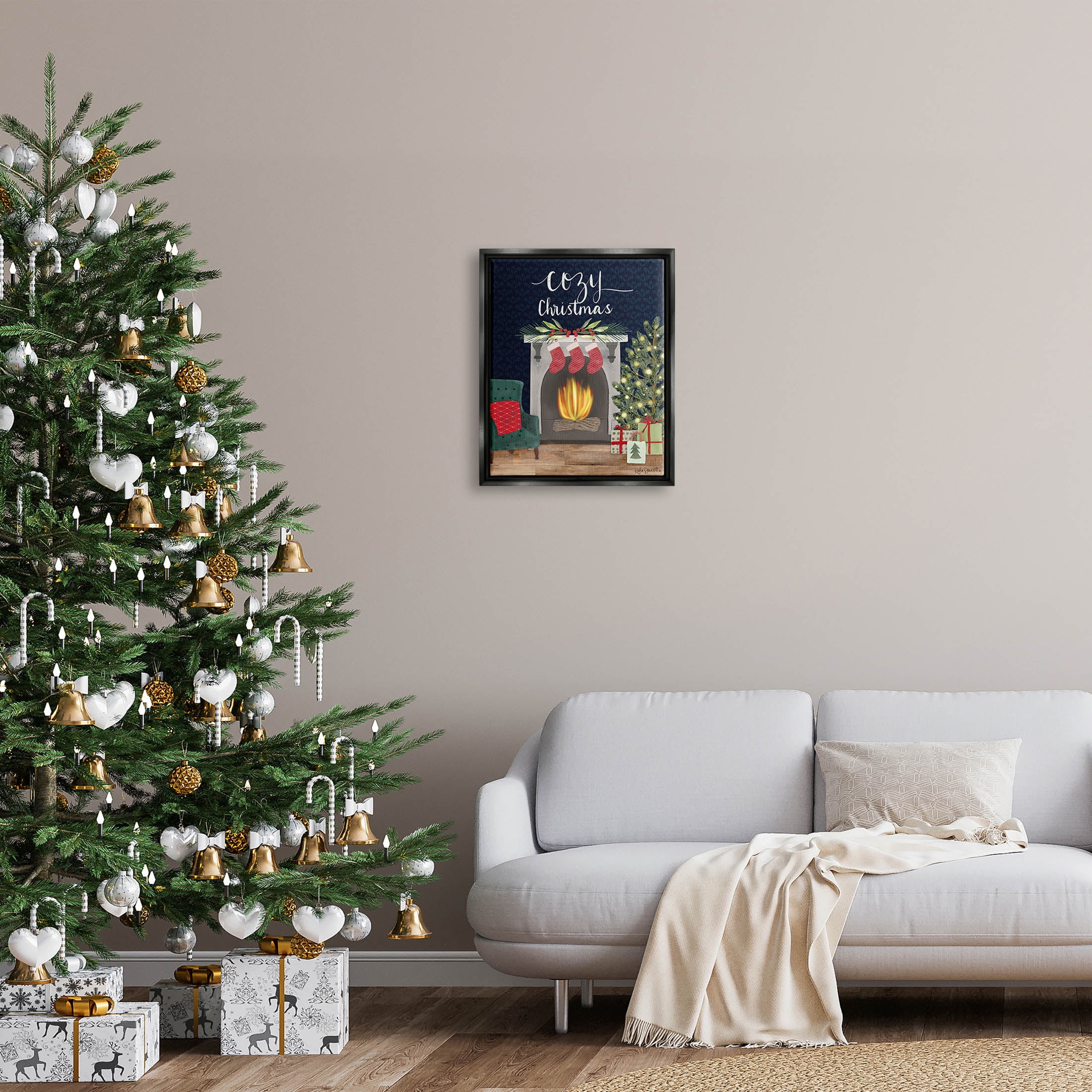 Stupell Industries Cozy Christmas Fireplace Mantle Graphic Art Jet Black Floating Framed Canvas Print Wall Art, Design by Katie Doucette