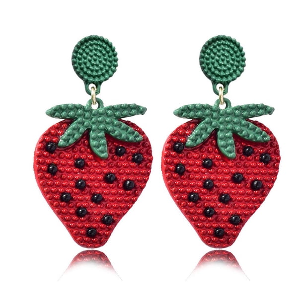 Lindos aretes colgantes de fruta de sandía y fresa roja, aretes colgantes con cuentas bohemias, aretes de fruta dulce para mujeres, niñas y adolescentes