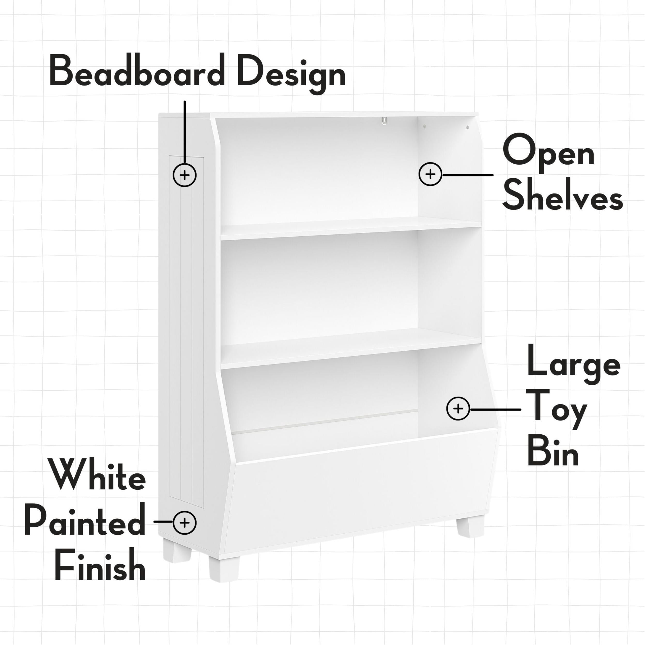 RiverRidge Kids 34in Playroom Bookshelf with Toy Organizer 2 Open Shelves and 2 Red Bins