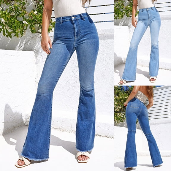 Olyvenn Hole Flare Pants Denim Jeans Women's Plus Skinny Slim Fit Female Casual Outwear Women Mid Waisted Pocket Stretch Button Trousers for 2022 Women Tops Dark Blue 6