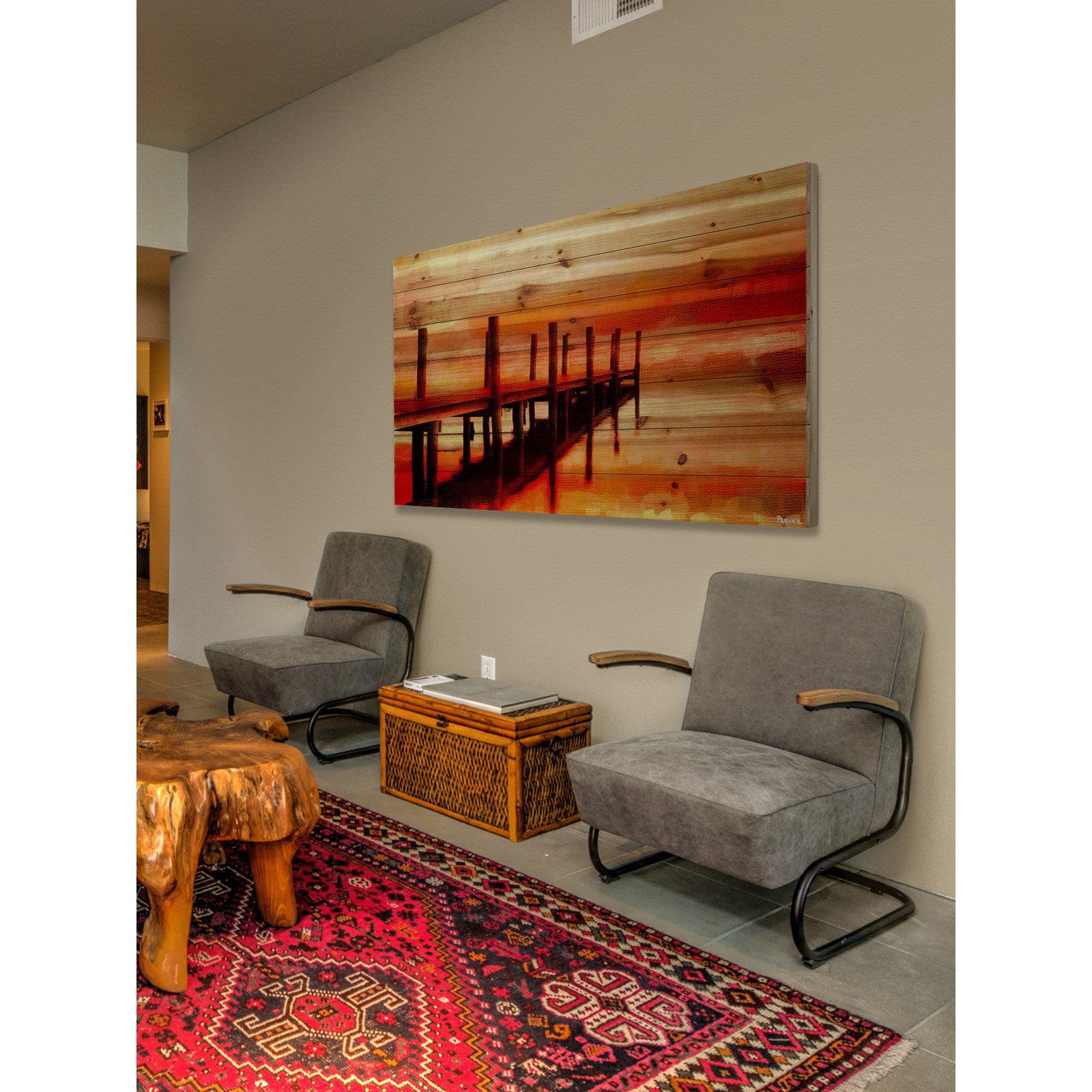 Marmont Hill Sunset Dock Painting Print on Natural Pine Wood Wall Art