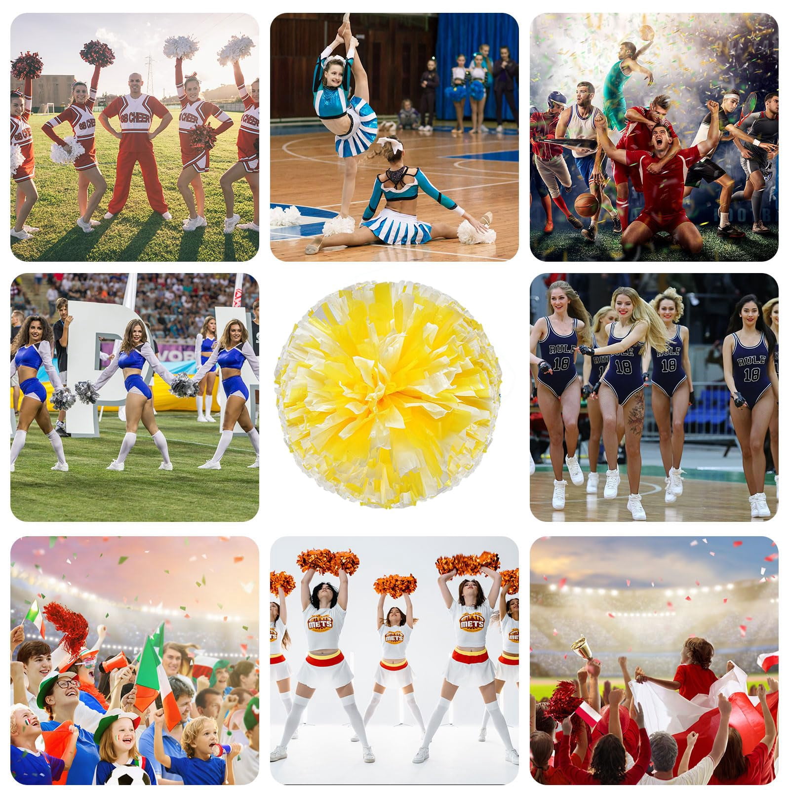 Cheer Pom Poms 8 Pcs Four Finger Handle, Cheerleading Handheld Squad Pompoms for Sports Team Cheer Spirit Games Dance Party Adults
