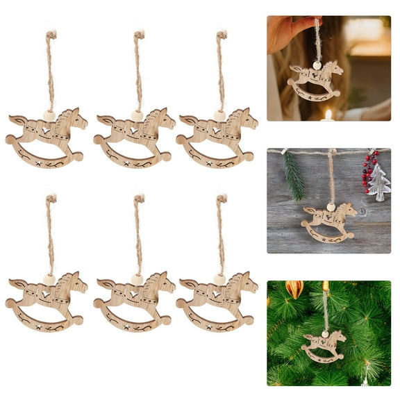 NUOLUX 6Pcs Unfinished Wood Ornaments Rocking Horse Pendant for Christmas Tree and Winter Season
