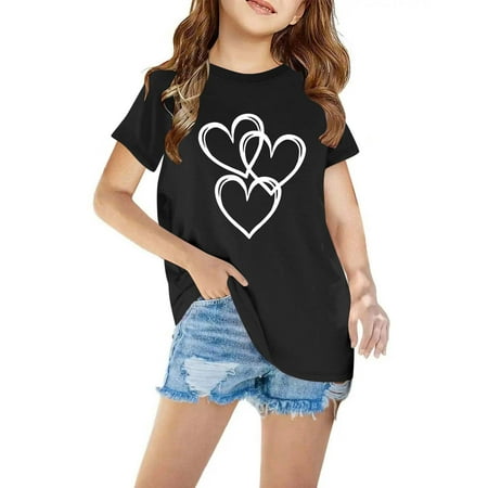 BLTIBY Toddler Girls Boys T-shirt Summer Round Neck Printed Short Sleeve Tee Kids Cute Loose Fashion Pullover Top 2025 Black 9-10 Years
