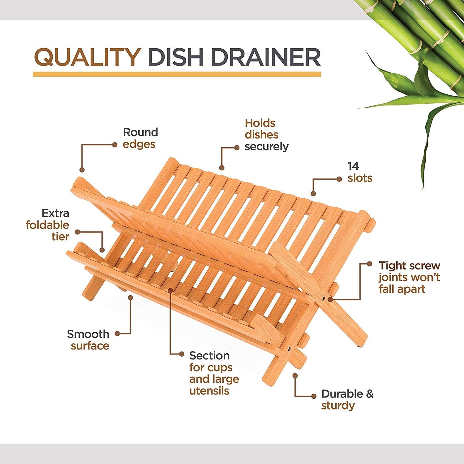 Bamboo Dish Rack Foldable Drying Collapsible Dish Drainer Wooden Plate Rack.