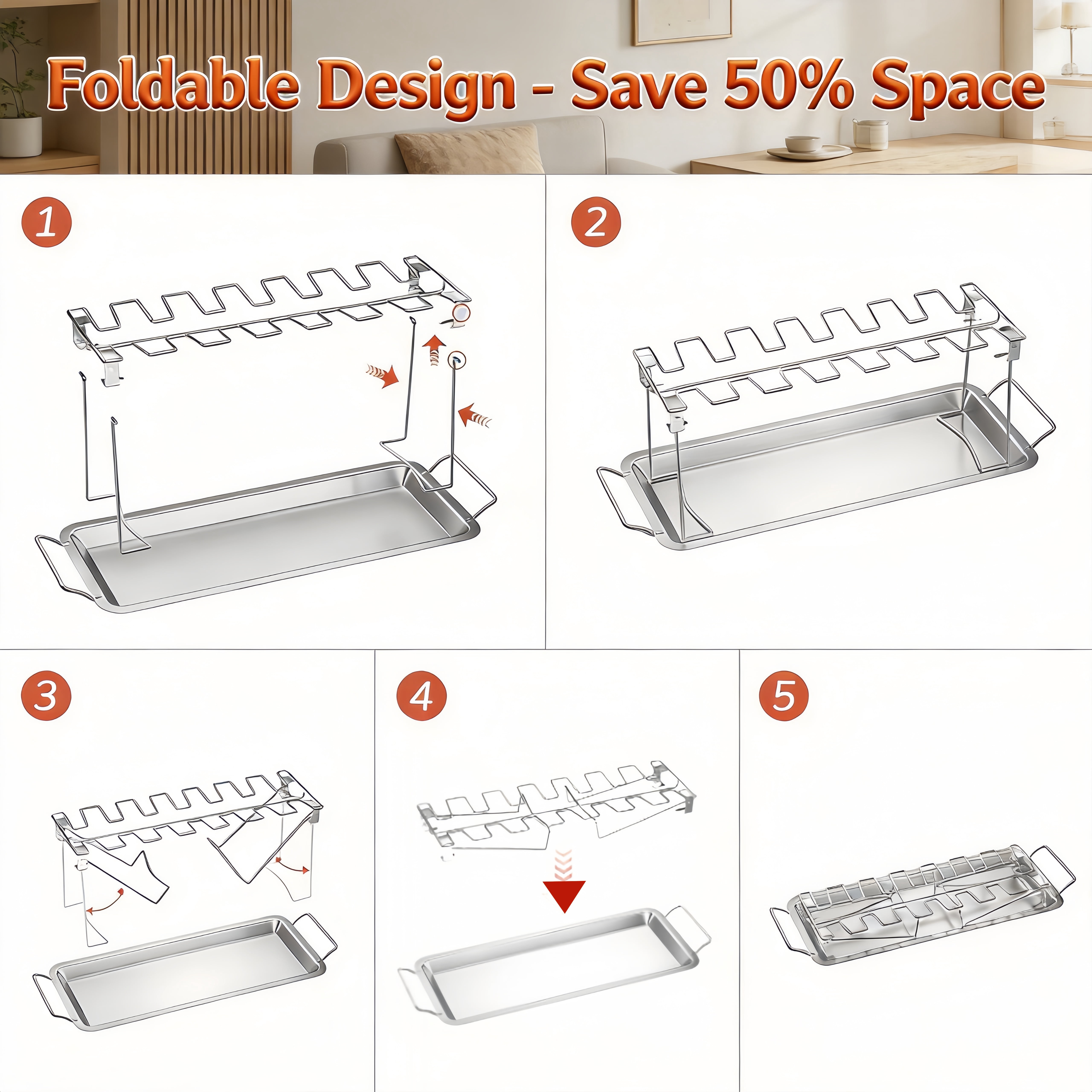 14-Slot Stainless Steel Chicken Leg and Wing Rack for Grill or Oven, Foldable Roasting Stand with Removable Drip Pan, Dishwasher Safe BBQ Tool for Camping and Parties