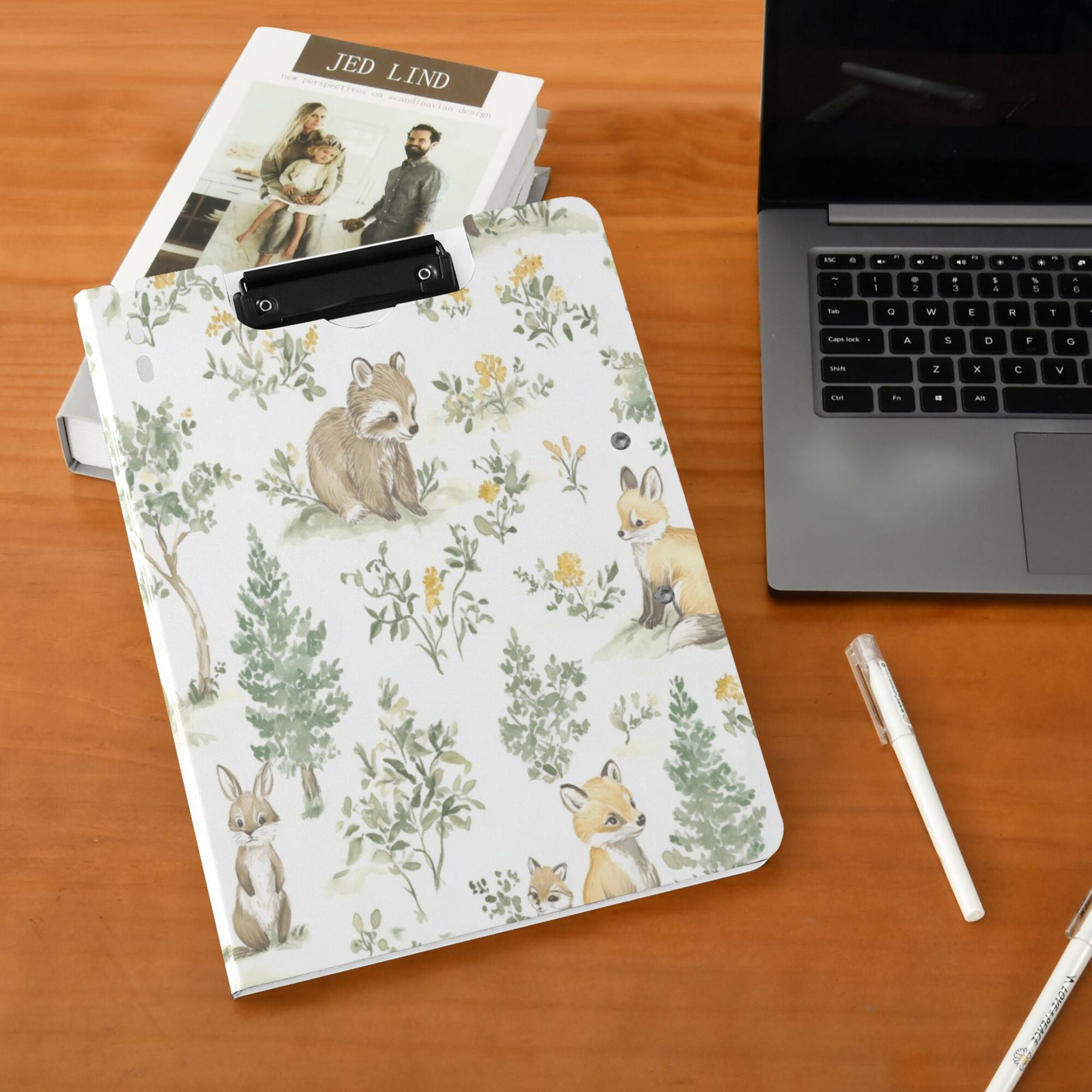 FORMRS A4 Clipboard Folder with Pen Holder Horizontal Foldable School Office Binder, Watercolor Forest Pattern