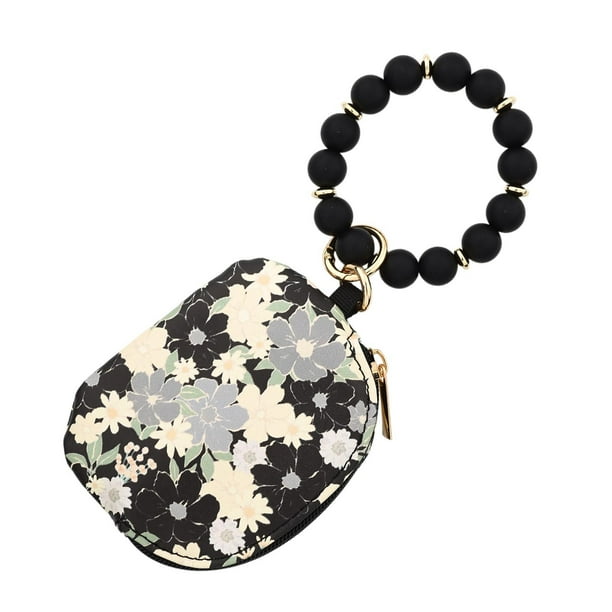 Mom's Best Cartera para mujer, llavero estilo bohemio, cartera con flores, llavero con cuentas negras, tarjetero de silicona, monedero, pulsera con cuentas doradas.