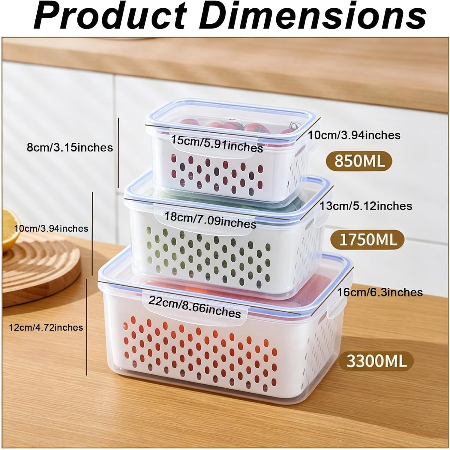 3PCS Fruit Storage Containers for Fridge with Removable Colander, 4 in 1 Airtight Food Storage Containers, Dishwasher & Microwave Safe Produce Containers, Keep Fruits, Vegetables Fresh Longer