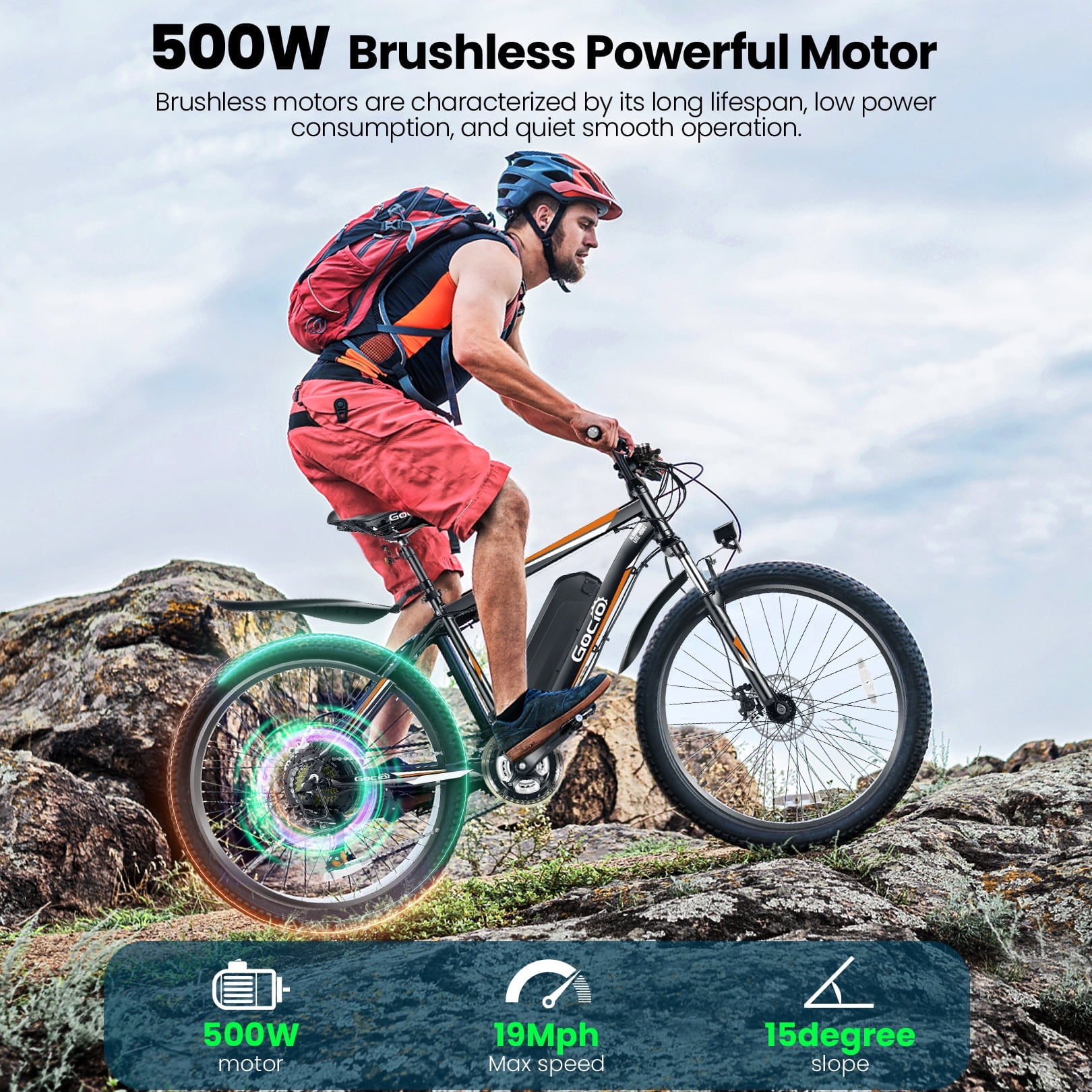 Gocio Peak 750W Electric Bike 26" Electric Bicycle for Adults Max 19.8mph Cruise Control System Ebike, 48V 375Wh Mountain Bike, 21 Speed for Man Woman UL2849 Certified