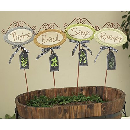 - Set of 4 Fancy Metal Scroll Herb Sign Garden Plant Stakes Markers for Garden and Garden Decor Sage Rosemary Thyme Basil