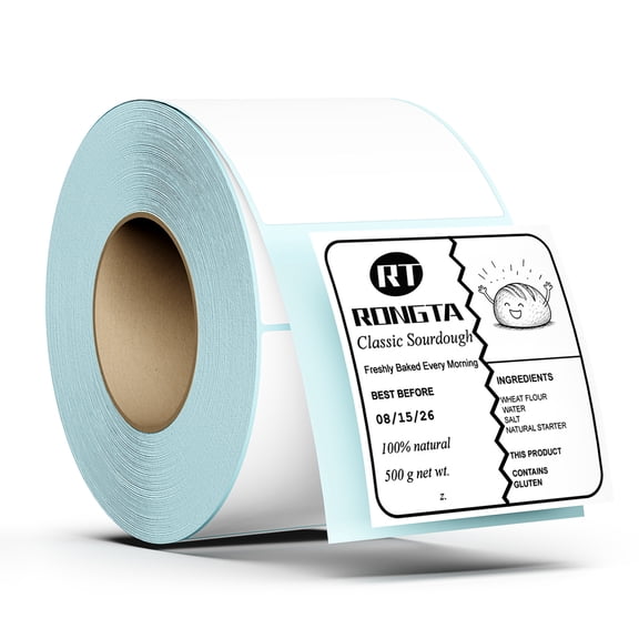 Rongta 2 x 2 Inch Square Direct Thermal Labels, 750 Labels per Roll, White Stickers, Strong Adhesive, for Barcodes and Product Packaging