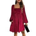 thumbnail image 2 of Women's Tie Back Square Neck Velvet B`abydoll Dresses Puff Long Sleeve Short Mini Dress, 2 of 8