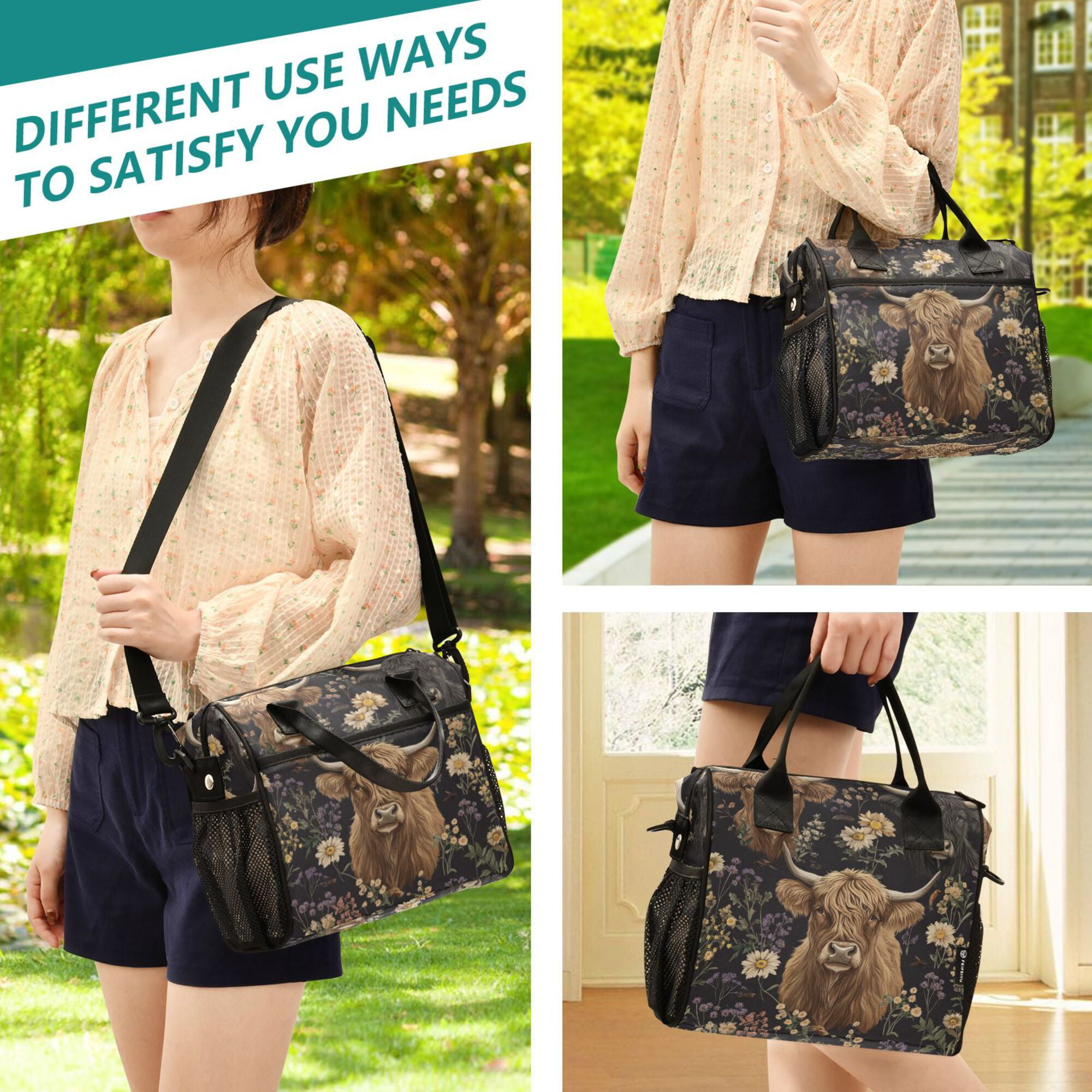 FORMRS Insulated Lunch Bag for Work School Unisex Large Capacity Cooler with Shoulder Strap, Cows and Flowers