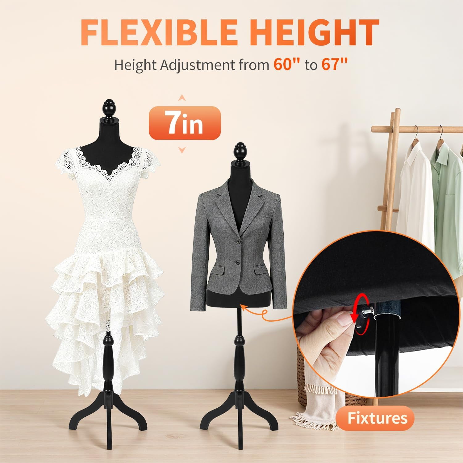Dkelincs Female Mannequin Torso 60"-67" Height Adjustable Manikin Dress Form Model with Wooden Tripod Stand for Clothes, Jewelry Display (Black)