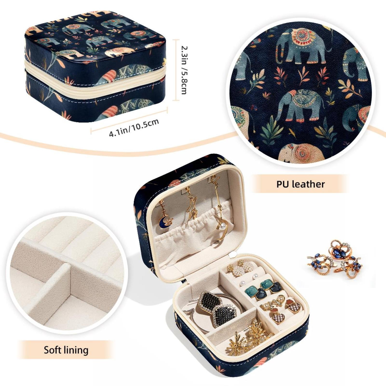 PhooArto Small Jewellery Box, Colors Tribe Elephants Pattern Portable Travel Mini Jewelry Case for Women Leather Ring Organizer