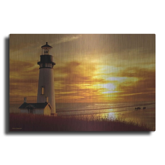 Luxe Metal Art 'Lighthouse at Sunset' by Carlos Casamayor, Metal Wall Art, 16"x12"