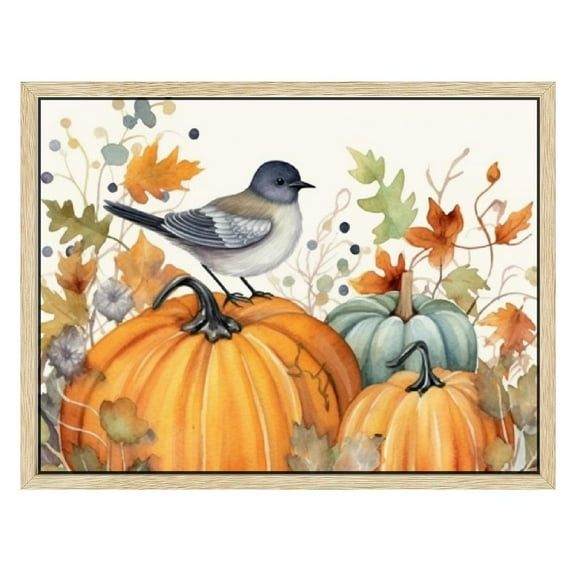 JRXY Canvas Wall Art Pumpkin Harvest Thanksgiving Maple Leaf Picture Painting Prints Framed and Stretched Fall Bird Farm Berry Artwork for Living Room Bedroom Bathroom Home Wall Decor 16x12in