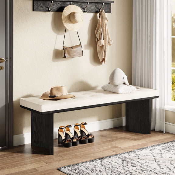 Finmind Solid Wood Bench with Removable Cushion, 55-Inch Modern Shoe Bench for Entryway, Living Room, Mudroom, End of Bed, White and Black