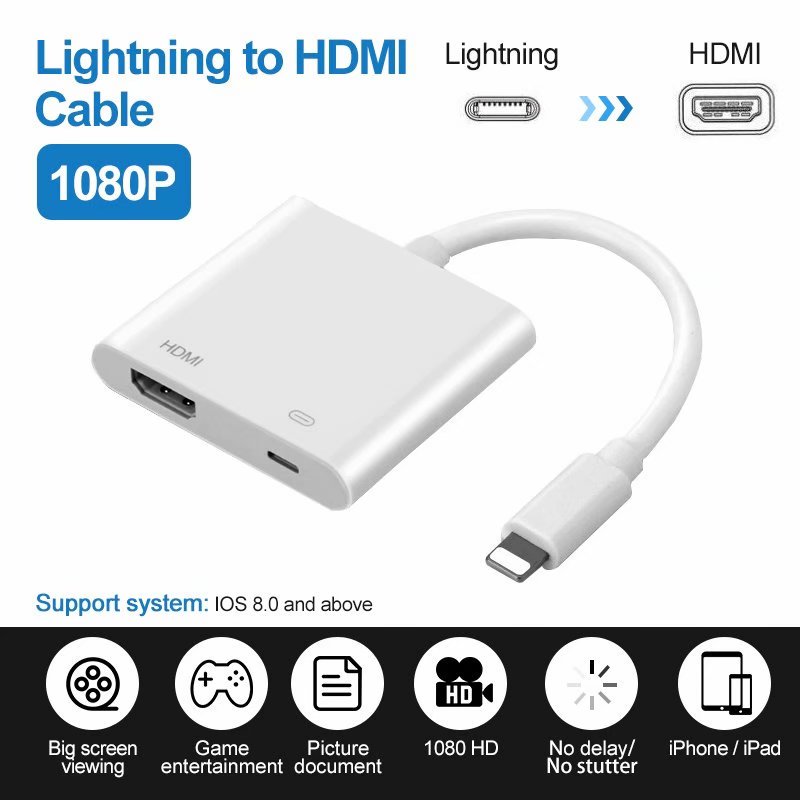 Lightning to HDMI Cable 1080P for Lightning Cable HDTV TV Converter