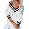 thumbnail image 3 of Women'S Casual V Neck Long Sleeve Sweater Trendy Striped Pullover Cable Knit Preppy Sweaters White XS, 3 of 10