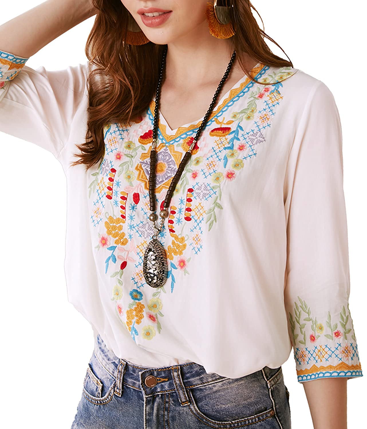 AK Embroidered Tops for Women 3/4 Sleeve Peasant Blouse Mexican Shirts V  Neck Traditional Tunic Casual Tops : : Clothing, Shoes &  Accessories