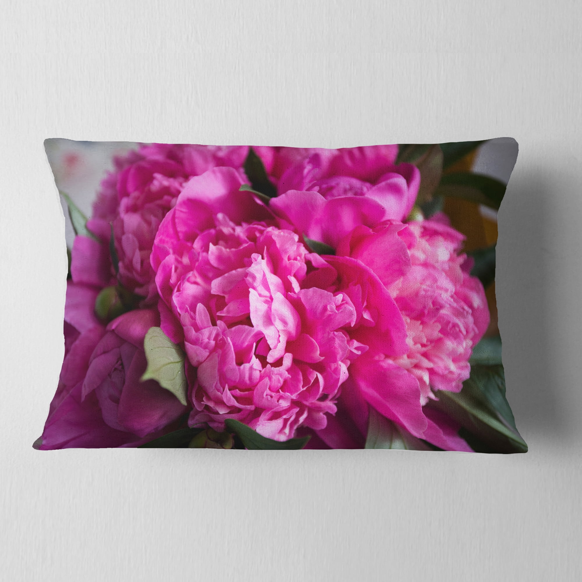 Designart Pink Peonies on Wooden Background - Flower Throw Pillow - 12x20