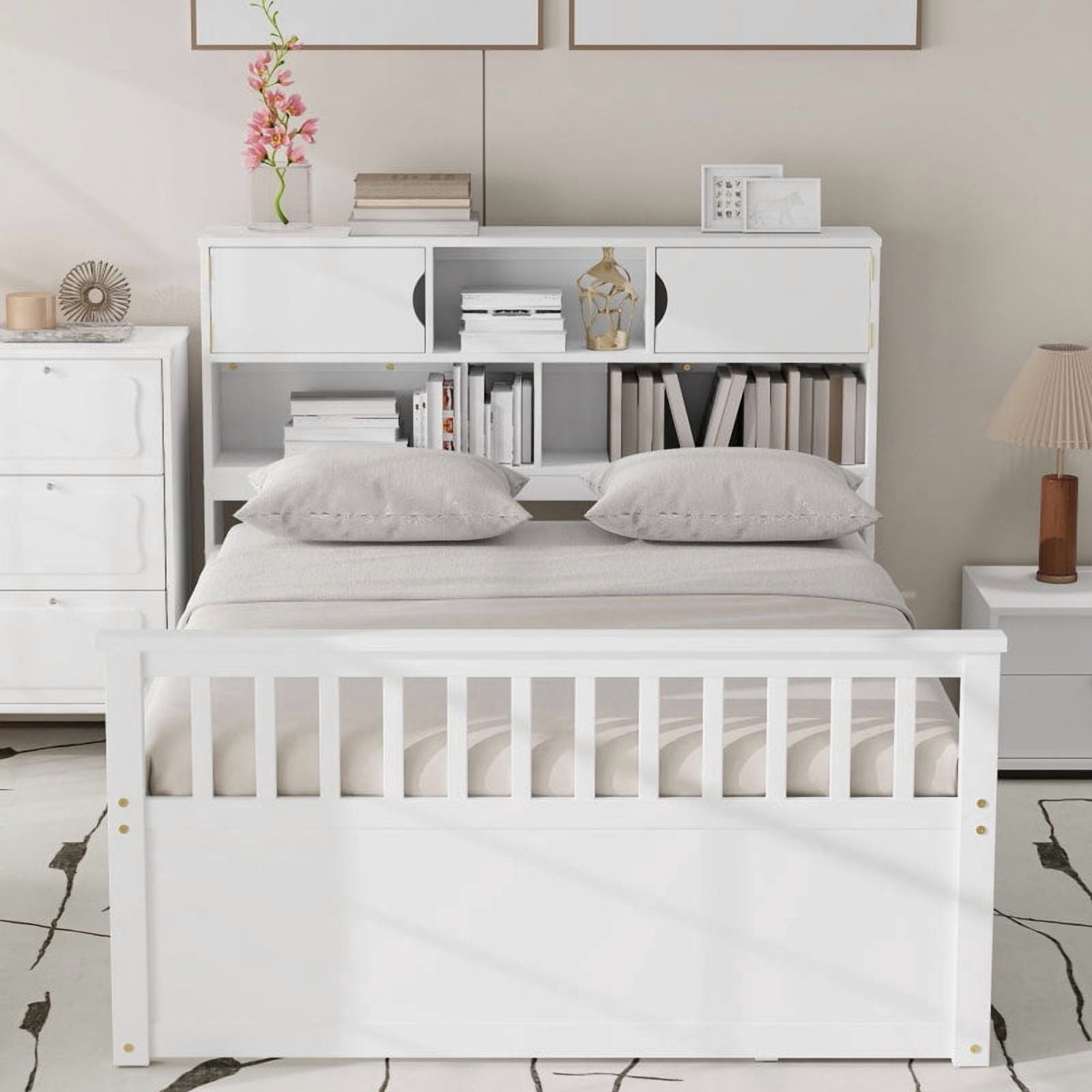 [Luckynote]Full Size Captain Platform Bed Frame with Storage Bookcases and Shelves,Four Drawers,White