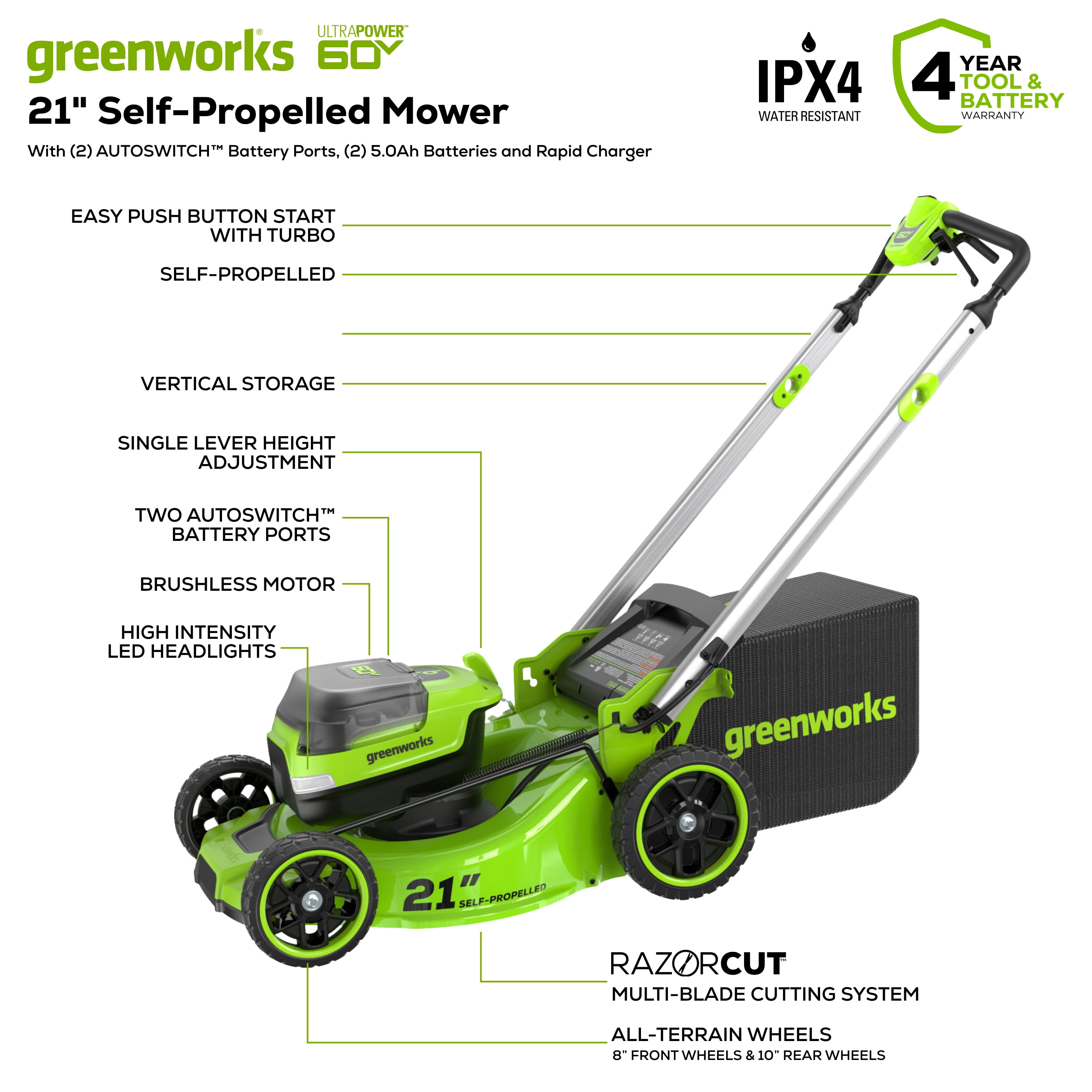 Greenworks 60V 21” Self-Propelled Lawn Mower with (2) 5.0 Ah Batteries & Rapid Charger 2546202