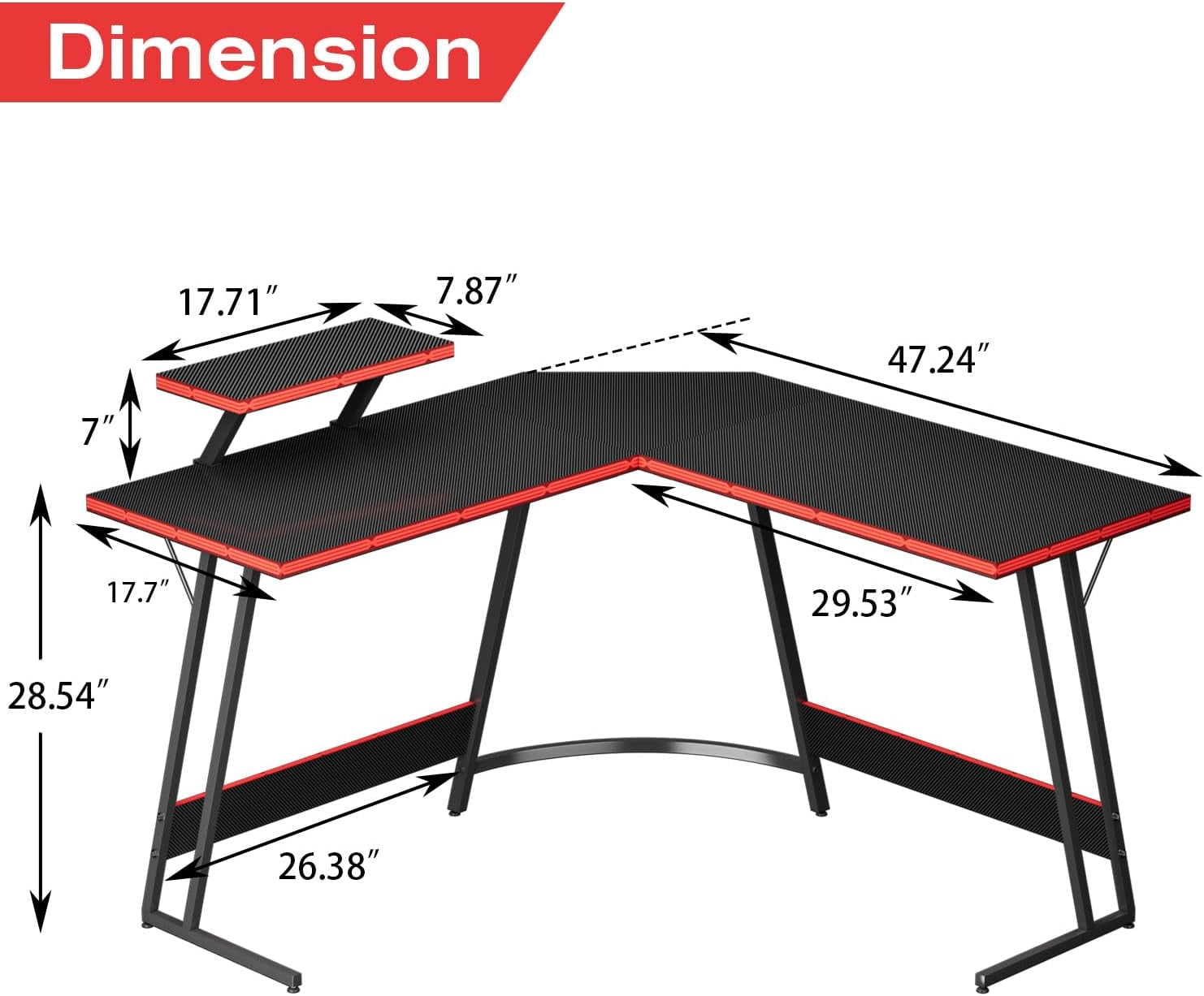 Miemie L Shaped Gaming Desk Computer Corner PC Desk Table with Large Monitor Riser Stand for Home Office Sturdy Writing Workstation (Black, 47 Inch)