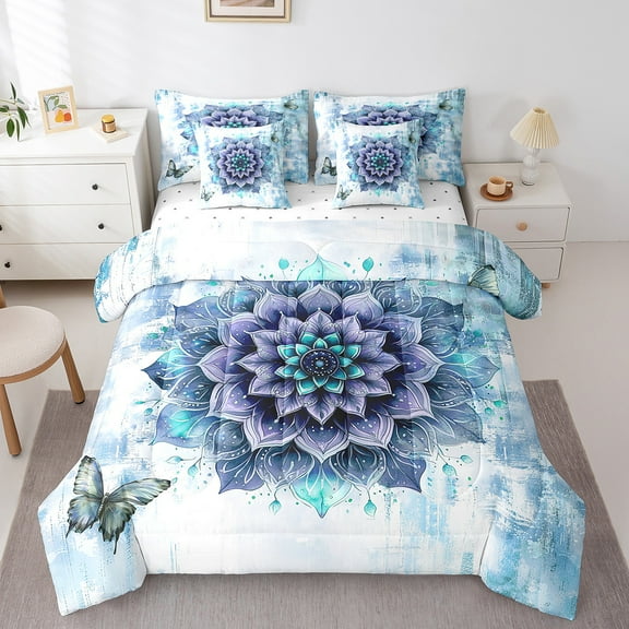 7-Piece Flower Bedding Twin Size Mandala Floral Comforter Set for Women,Blue Gradient Bedding Comforter Sets Vintage Ombre Bed in a Bag,Oil Painting Aesthetic Bedding Room Decorative