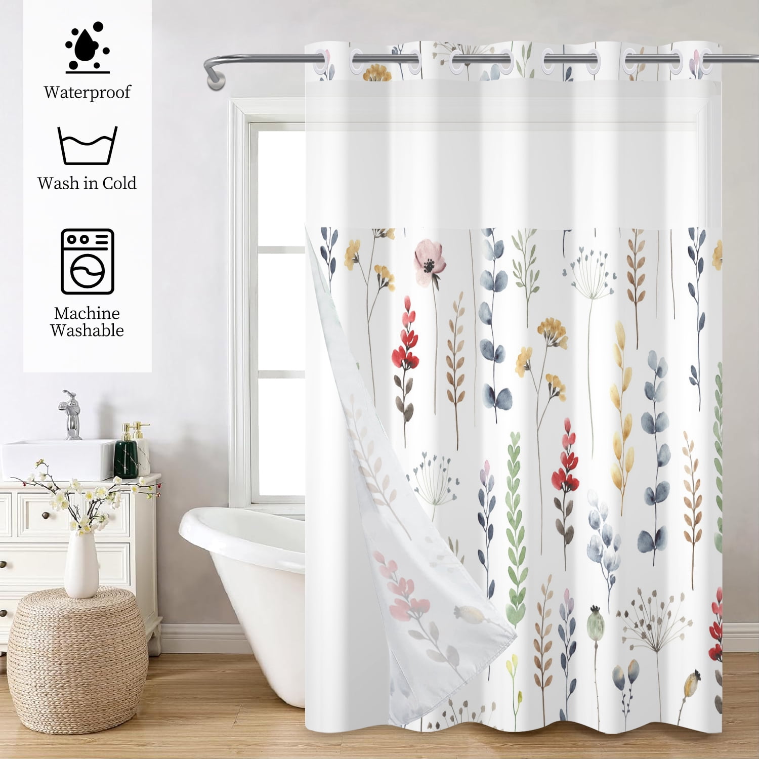 Mizhona Hookless Shower Curtain with Snap in Liner, Wild Floral Waterproof Fabric Mesh Window Bath Curtain, 71"X74"