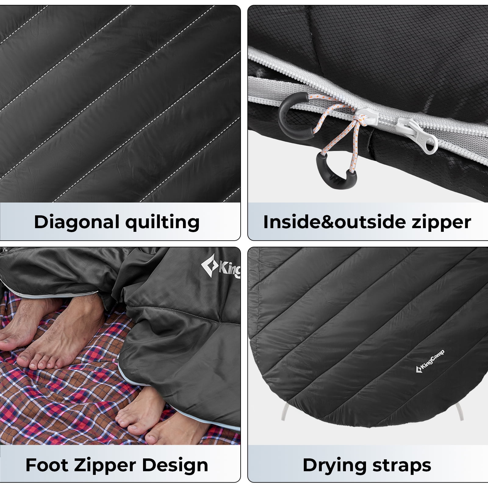 KingCamp Double Sleeping Bag for Adults, Queen Size 2-Person Sleeping Bag Flannel Lining Camping Bag with 2 Pillows & Compression Sack, 17.6°F-53.6°F, Black