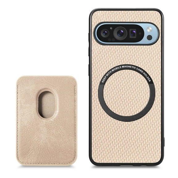 Feishell for Google Pixel 10A Carbon Fibre Texture PU Leather Phone Case with Removable Card Pocket,Compatible with MagSafe,Shockproof Luxury Magnetic Anti-Scratch Slim Phone Case,Khaki