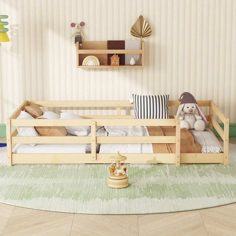 Mirightone Wood Twin Montessori Bed, Twin Bed Frame with Rails, Kids Floor Bed Twin – Natural