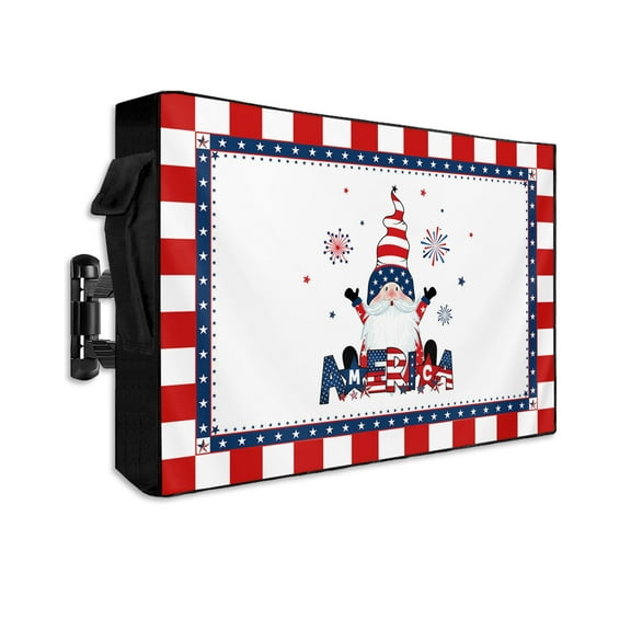Independence Cute American Gnomes Celebration Outdoor TV Cover 40 to 43 Inch Waterproof, White Red Buffalo Lace 600D Oxford TV Covers with Zipper, Outside Flat TV Screen Protector 40"Wx25"Hx4.5"D