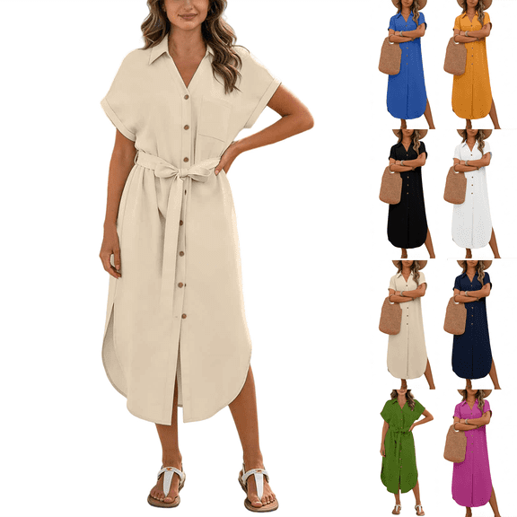 Dvprdro Collared Short Sleeve Linen Maxi Dress for Women Button Front Side Pockets Tie Waist Solid Color Summer