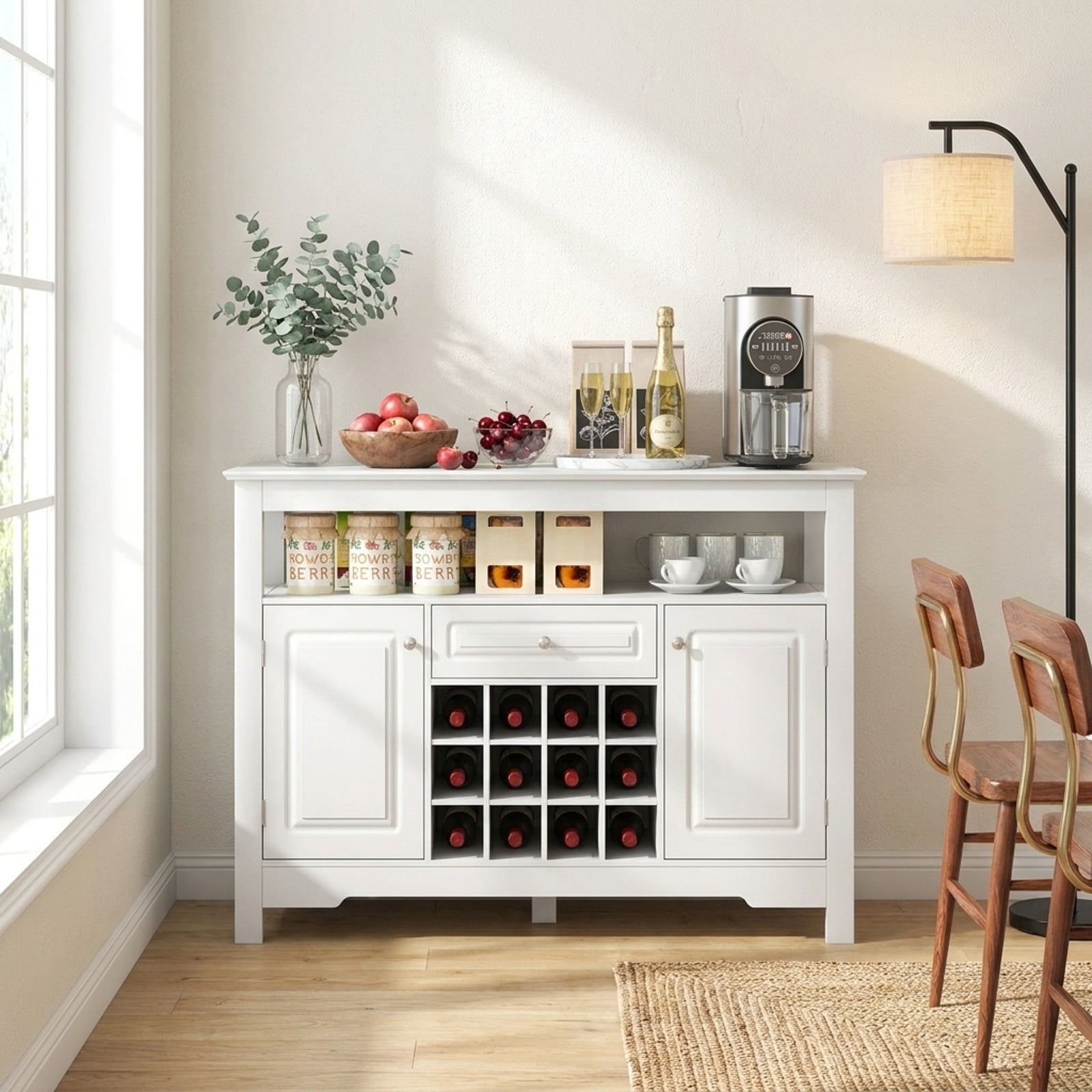 Furnibear Buffet Sideboard Wine Liquor Coffee Bar Cabinet with Removable Wine Rack for Kitchen Dining Living Room Buffet Storage Server, White