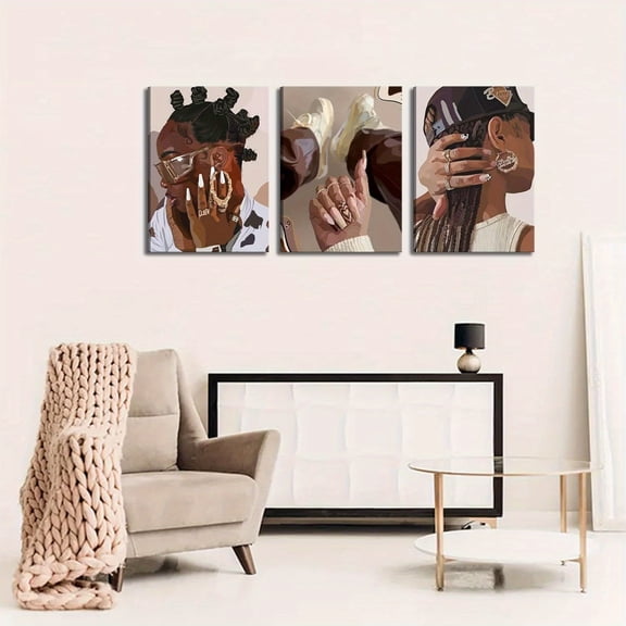 [2D Flat] 3pcs Framed Canvas Wall Art - African American Fashion Portraits with Bold Accessories, 12x16 Inch Wooden Framed Canvas Prints for Living Room, Bedroom, Office Decor - Ideal Gift for Home