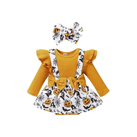

Bagilaanoe Newborn Baby Girl Halloween Rompers Dress Pumpkin Bat Print Long Sleeve Bodysuit + Headband 3M 6M 9M 12M 18M 24M Infant Patchwork One Piece Jumpsuit