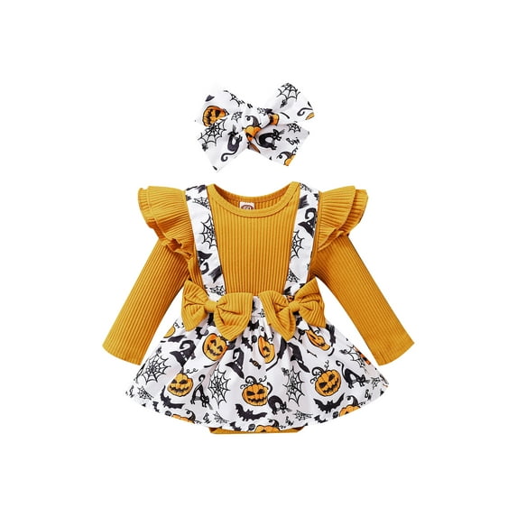 hirigin Infant Girls Romper and Headdress, Halloween Pumpkin and Bat Printing Long Sleeve Ribbed Jumpsuit